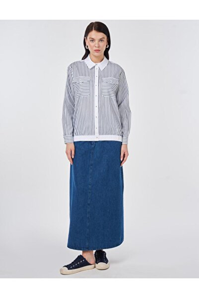 KYR Stripe Pattern Cotton Blouse Blue