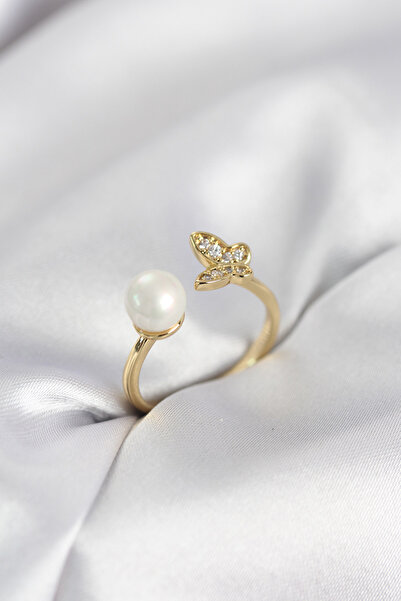 Lisinya Butterfly Pearl Model Gold Color Zircon Stone Women's Ring - Tygoo