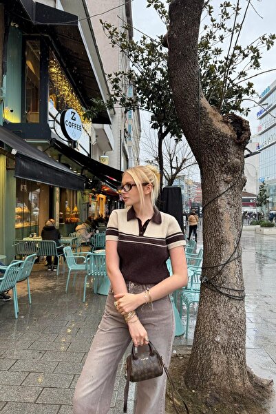 lizge giyim Polo Collar Short Sleeve Two-Tone Knitwear