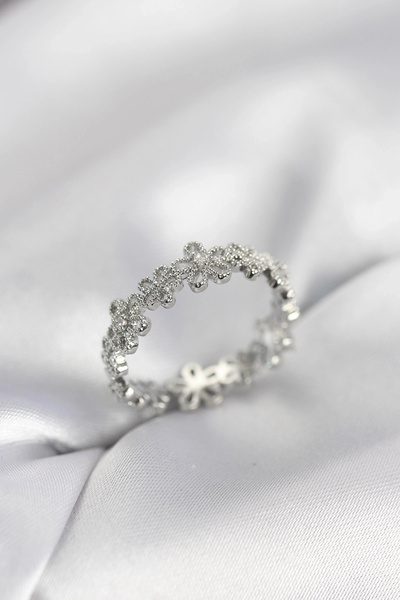 shopwave خاتم نسائي فضي اللون مرصع بحجر الزركون على شكل زهرة