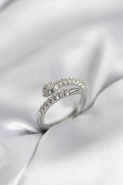 shopwave خاتم نسائي موديل ثعبان فضي اللون مرصع بحجر الزركون