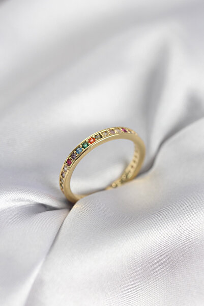 CT STONES Gold Color Row of Colored Zircon Stones Women's Ring