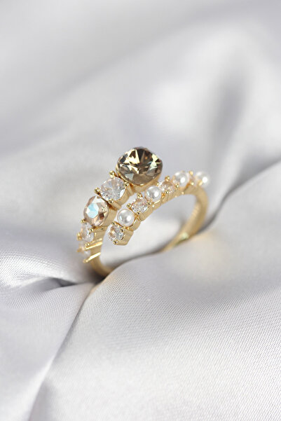 FREEDOM STOREE Gold Color Brass Zircon Stone Pearl Women's Ring