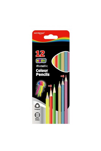 KEYROAD Creioane colorate KR971760, triunghiulare, 12 culori, 6 neon, 6 metal...