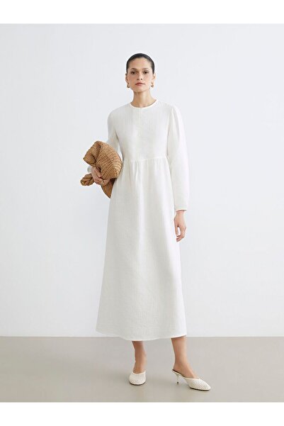 LC Waikiki Lcw Modest Ecru Balloon Sleeve Muslin Long Dress