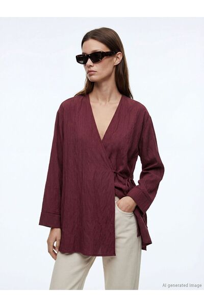 LC Waikiki Double-Breasted Collar Textured Modal Blend Women's Kimono