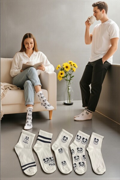 Esinti 5 Pairs Men's and Women's Panda Patterned Cotton Unisex White College ...