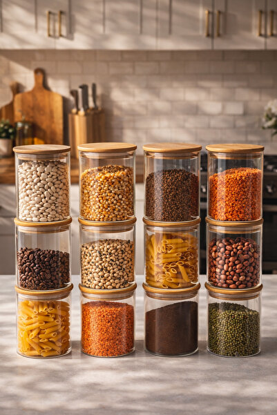 Porsima 4394 12-Piece Bamboo Vacuum Glass Jar Set with Lid Storage Container ...