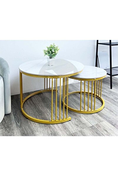 Türkiye Premium Nesting Center Table Set of Two, Round White Glass Coffee Tab...