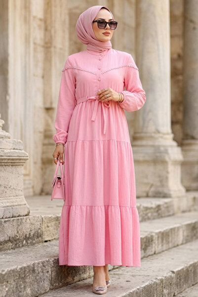 N.S NEVA STYLE Buttoned Pink Hijab Dress 10213P