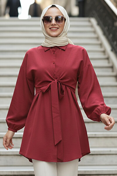 N.S NEVA STYLE Buttoned Burgundy Hijab Tunic 20316Br