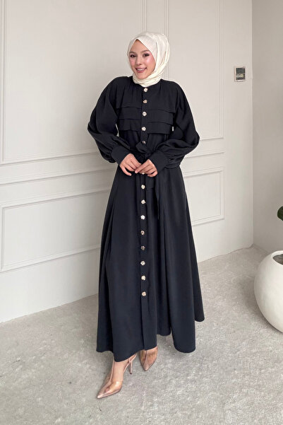 Tesettür Diyarı فستان ليفا تانسيل من القماش مع أزرار أمامية وحزام - أنثراسايت