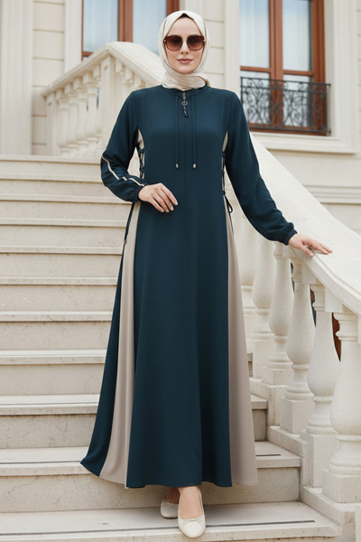 N.S NEVA STYLE Fermuarlı Koyu Petrol Yeşili Tesettür Ferace 45308KPY
