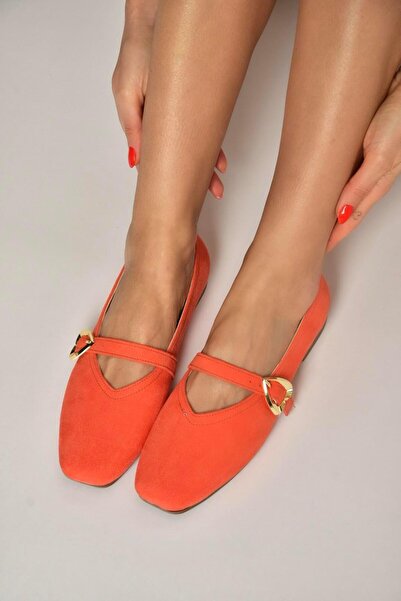 Fox Shoes Y726632602 Balerini de damă din piele intoarsa portocalie cu detali...