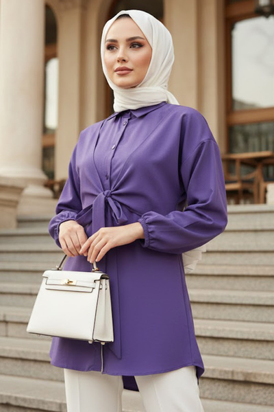 N.S NEVA STYLE Buttoned Purple Hijab Tunic 20316Mor