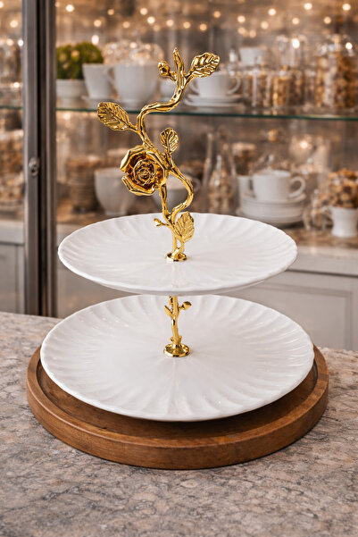 DECORS CENTER Porselen Katlı Kurabiyelik sunumluk pasta seti sade