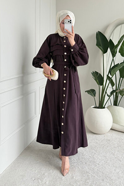 Tesettür Diyarı Liva Tansel Kumaş Önden Düğmeli Kuşaklı Tesettür Elbise- Mürdüm