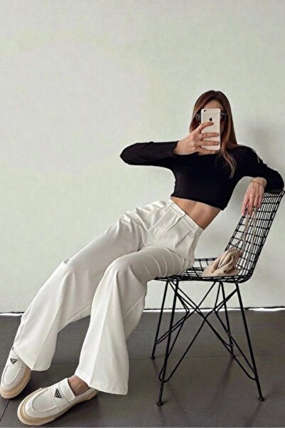 byhaziran butik Alessa Ecru High Waist Stylish Palazzo Fabric Trousers