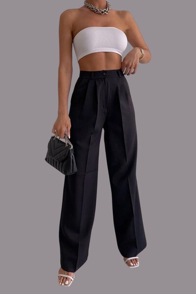 byhaziran butik Pantaloni largi din material negru plisat pentru femei Tors