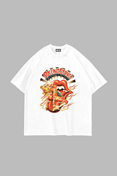 Sekizbiraltı Rolling Hot Printed Oversize Unisex White Tshirt