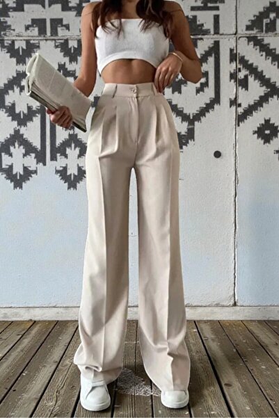 byhaziran butik Pantaloni cu talie înaltă, plisați, eleganți, Seren Cream