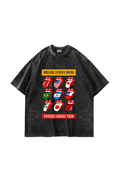 Sekizbiraltı Rolling Stones Tour Printed Oversize Unisex Washable Black Tshirt