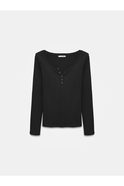 Dilvin 32699 Button Detailed Long Sleeve Top-Black