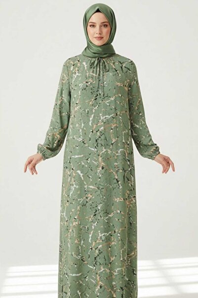 Tesettür Diyarı Γυναικείο Φόρεμα Χιτζάμπ Με σχέδιο Χρωμάτων - Απαλό Πράσινο