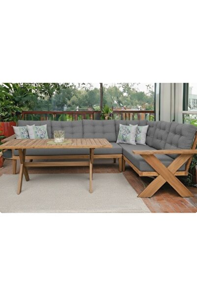 zerkaconcept Berlin Masif Ahşap Bahçe Balkon Köşe Koltuk ve Masa Takımı Kesta...