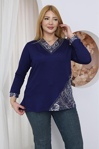 Siyezen Büyük Beden V Yaka Gümüş Detaylı Bluz