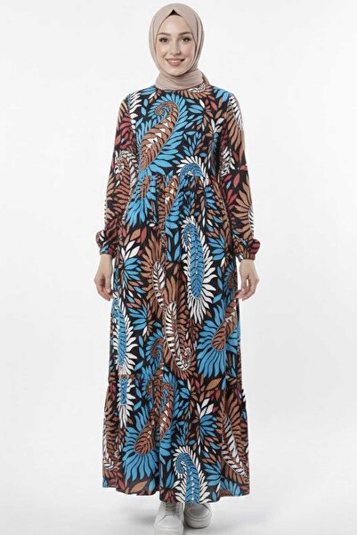 Tesettür Diyarı Γυναικείο Φόρεμα Χιτζάμπ Με σχέδιο Χρωμάτων - Μπλε