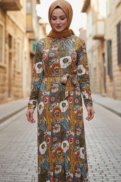 Tesettür Diyarı Γυναικείο Φόρεμα Χιτζάμπ Με σχέδιο Χρωμάτων - Πορτοκαλί