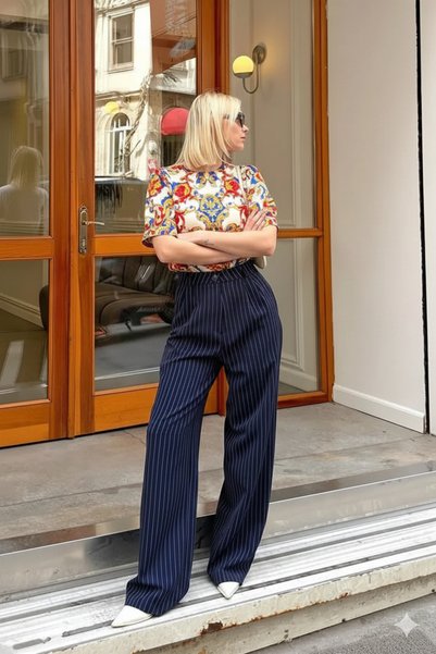 byhaziran butik Marisol Navy Blue Striped High Waist Pleated Trousers