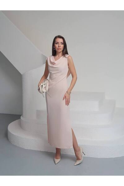 EtikaOnline Saten Degaje Yaka Sırt Detay Manolya Elbise