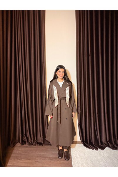 LOISY Kadın Fularlı Kuşaklı Uzun Trençkot