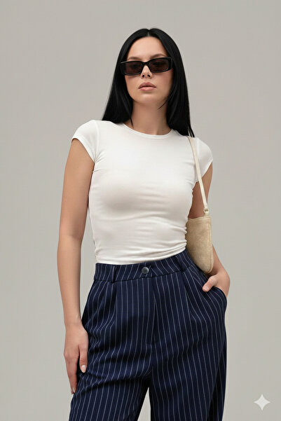 byhaziran butik Pantaloni cu talie înaltă, albastru marin, cu detaliu pliat î...