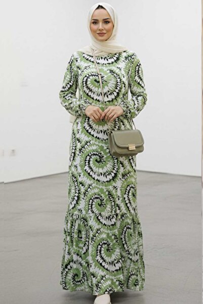Tesettür Diyarı Rochie musulmană colorată cu model pentru femei - Verde fistic