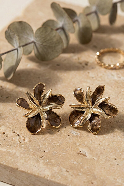 AURRARİ Gold 2-Piece Floral Brown Enamel Earrings