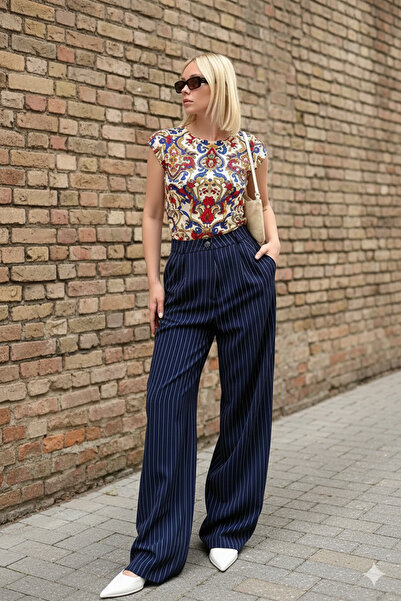 byhaziran butik Marisol Navy Blue Striped High Waist Pleated Trousers
