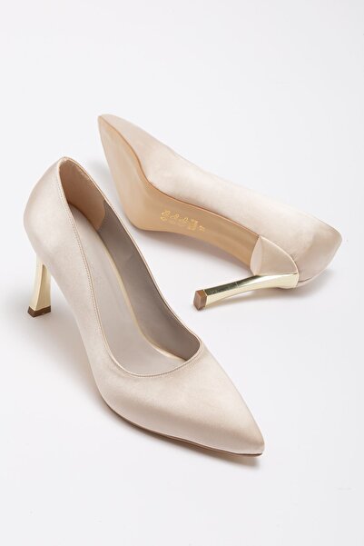 Saadet Kaya Butik Women's Beige Satin Gold Heel Pointed Toe Thin Heel Stiletto