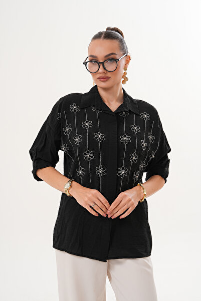 ZENA BY ÇETİN LEVENT Pearl Flower Stone Embroidered Look Loose Cut Women's Shirt