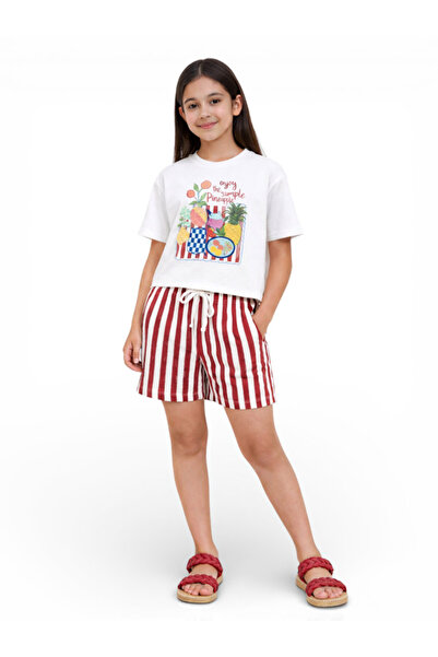 Victor and Jane Girls 2 Pc Set Graphic Print T-Shirt & Striped Shorts Set – W...
