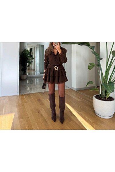 Butik Dantel detaylı gold toka kemerli elbise