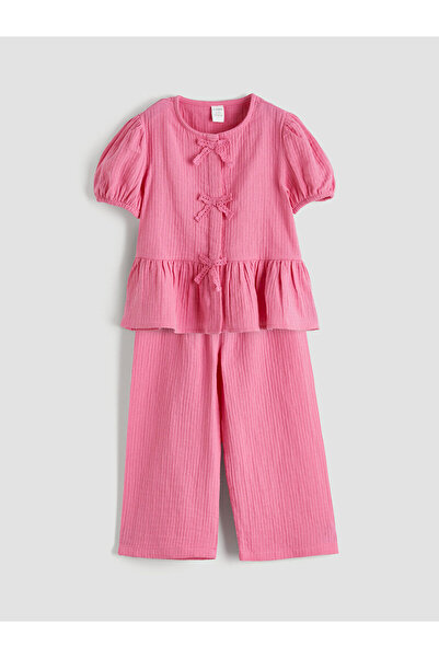 LC Waikiki Roza okrugla kragna Sa mašnom Djevojačka bluza i pantalone