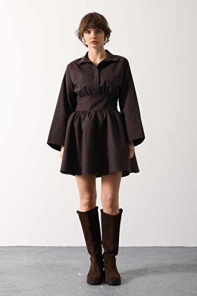 cemo Kadın Gömlek Yaka Belden Oturtmalı Mini A Kesim Elbise15