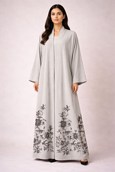 MAC CENTER Stone Flora Abaya – Luxurious Gray Embroidery