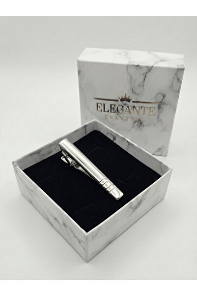 Elegante Cravatte Erkek Gümüş Renk Dikey Çizgili Özel Kutulu Kravat İğnesi Ak...