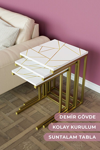 Hediyeler Kapında "ZLine"3'lü Metal Zigon Sehpa Takımı Metal Ayak Yan Sehpa Seti