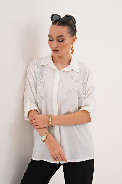 ZENA BY ÇETİN LEVENT Pearl Stone Tribal Embroidered Look Casual Loose Cut Wom...
