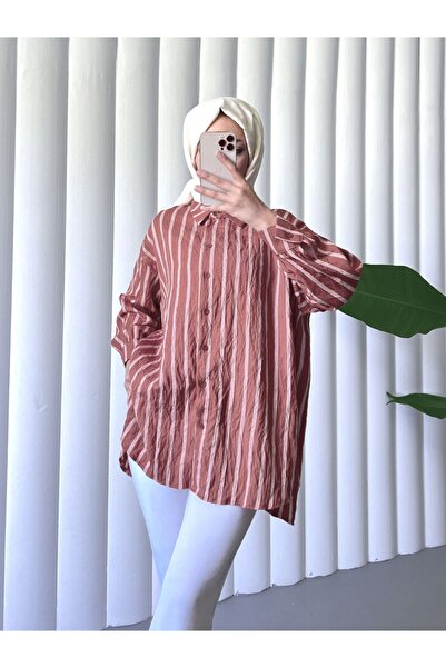 FERHEL Women's Buttoned Oversized Striped Shirt - Dusty Rose